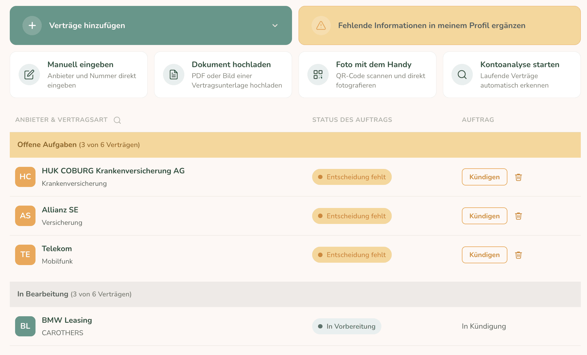 Vertragsübersicht im Dashboard